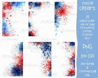 Watercolor 4th of July Fireworks Clipart | Corner Frames (Digital Download)