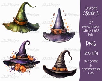 27 Witch Hats Clipart Bundle | 300 DPI | Watercolor | Halloween | Wizardry | Magical | Purple | Instant Download | Personal & Commercial Use
