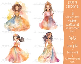 15 Watercolor Royal Princesses Clipart Bundle | 300 DPI | Multicultural | Dresses | Instant Digital Download | Personal & Commercial Use