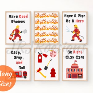 Set of 6 Firefighter Theme Digital Prints | Kid Fire Safety Tips Posters | Nursery Wall Art Printable | Educational Boy Room Decor | Hero