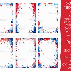 25 Paquete de imágenes prediseñadas de marcos de confeti rojo, blanco y azul / Relación de aspecto 2:3 / 300 DPI / Acuarela / Descarga instantánea / Personal y comercial