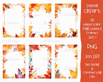 Watercolor Fall Leaves Frames Clipart Bundle (Digital Download)