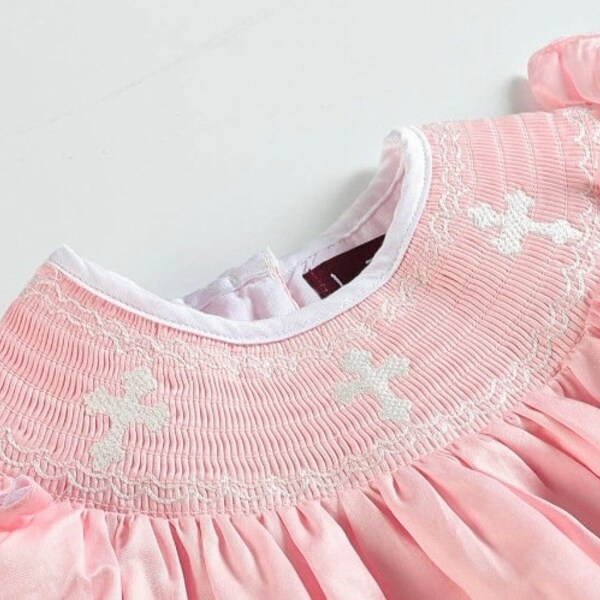 Girls Smocked Bishop Dress Cream Green & Pink