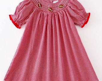 Petit Bebe Girls Blue Gingham Smocked Footballs Bishop Dress main image 0