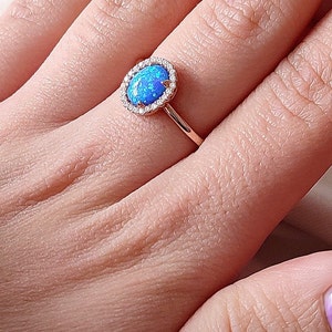 Cabochon Oval Blue Opal Rose Gold Ring, Blue Opal Jewelry, October Birthstone, Dainty Ring, Cute Ring, Gift for Her, 925K Sterling Silver