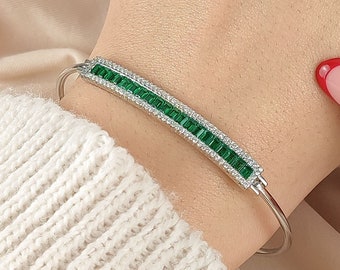 3x2mm Baguette Cut Emerald Stones Bracelet, Baguette Jewelry, Emerald Jewelry, Art Deco Bracelet, Unisex Bracelet, 925K Sterling Silver