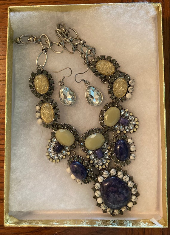 Jewelry Necklace Earrings Set Blue Stone Diamond C