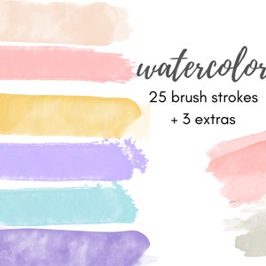 Op de afbeelding: Een set van 25 aquarel penseelstreken in verschillende pastelkleuren, waaronder perzik, roze, geel, lavendel en blauw. De afbeelding bevat ook 3 extra penseelstreken in een lichtere roze tint en een grijze kleur. De tekst "aquarel" is geschreven in een cursief schrift, gevolgd door "25 penseelstreken + 3 extras".