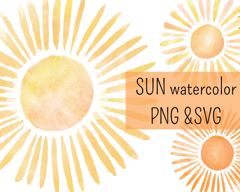 watercolor sun clipart - sun svg - watercolor clipart - sun png - cricut sun - commercial use - watercolor png - sun png, summer clipart image 1