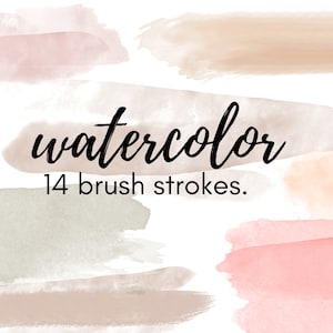 Könnte beinhalten: Ein Set mit 14 Aquarell-Pinselstrichen in den Farben Rosa, Pfirsich, Beige und Grau. Die Pinselstriche sind in einem zufälligen Muster auf einem weißen Hintergrund angeordnet. Der Text "watercolor 14 brush strokes." ist in Schwarz in der Mitte des Bildes geschrieben.