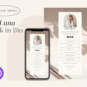 Op de afbeelding: Een mobiel telefoonscherm dat een link-in-bio-pagina weergeeft met een lichtbruine achtergrond. De pagina bevat een portret van een vrouw, de tekst "Hello!" en verschillende klikbare knoppen met tekst zoals "Bezoek website", "Diensten", "Portfolio", "Gratis downloads", "Download één", "Download twee" en "Laatste van de blog".