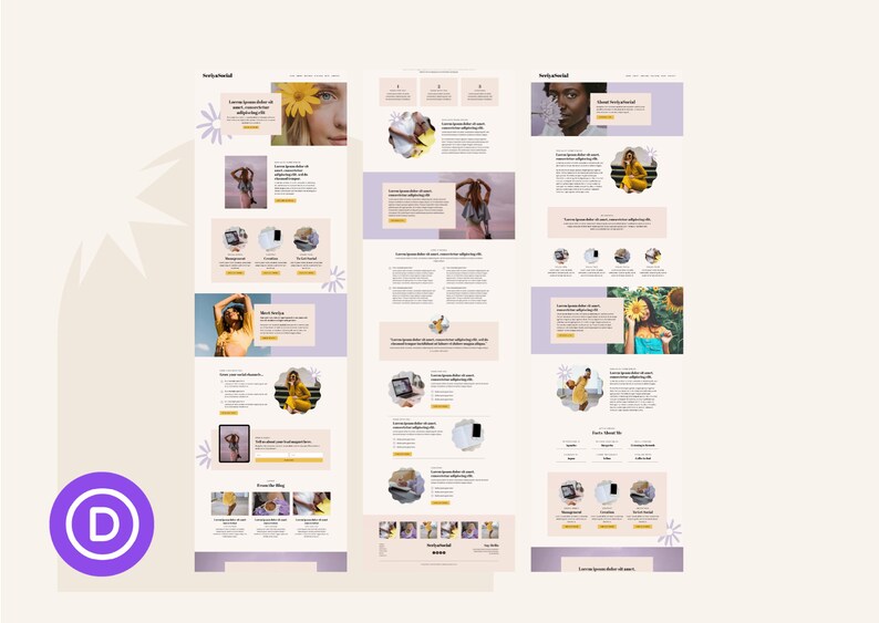 May include: A website homepage with a light pink and purple color scheme. The website features a variety of images of women, including a woman holding a sunflower, a woman in a yellow dress, and a woman in a blue dress. The website also features text that says "Truly Inspired" and "Learn how to create a sustainable lifestyle that works for you."