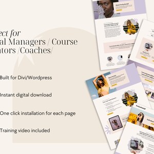 May include: A collection of website pages designed for social media managers, course creators, and coaches. The pages are built for Divi/WordPress and feature a light purple and white color scheme with images of women in various settings.