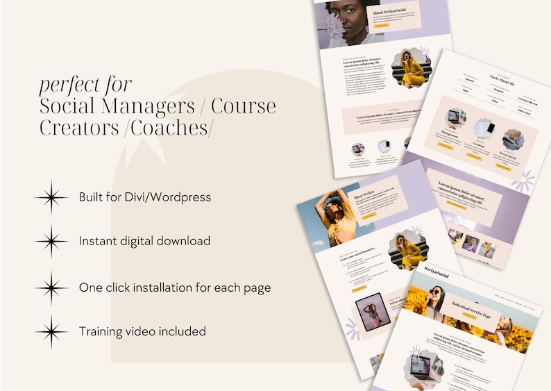 May include: A collection of website pages designed for social media managers, course creators, and coaches. The pages are built for Divi/WordPress and feature a light purple and white color scheme with images of women in various settings.