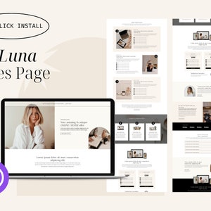 May include: A website mockup for a sales page with the text "La Luna Sales Page" and a photo of a woman with short blonde hair. The website is designed in a minimalist style with a neutral colour palette.