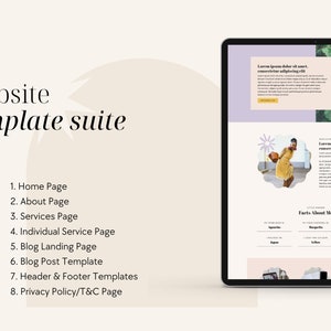 May include: A website template suite for a personal brand or business. The template includes pages for home, about, services, individual service, blog landing, blog post, header and footer, and privacy policy/terms and conditions.
