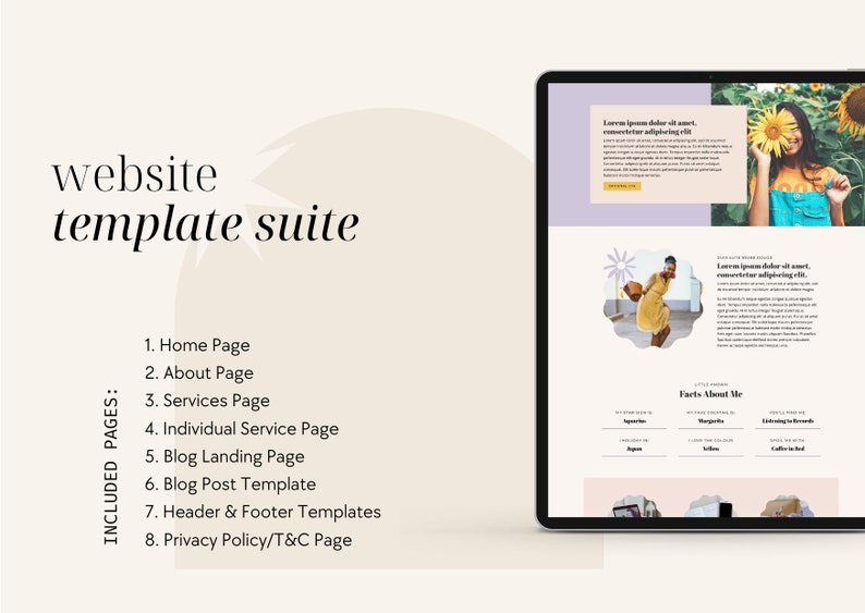 May include: A website template suite for a personal brand or business. The template includes pages for home, about, services, individual service, blog landing, blog post, header and footer, and privacy policy/terms and conditions.