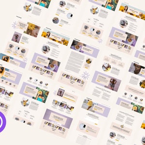 May include: A collection of website pages with a light background and purple accents. The pages feature images of people, flowers, and coffee cups. The text on the pages is in a simple, modern font.