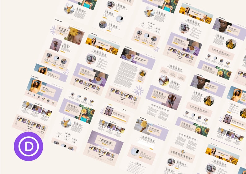 May include: A collection of website pages with a light background and purple accents. The pages feature images of people, flowers, and coffee cups. The text on the pages is in a simple, modern font.
