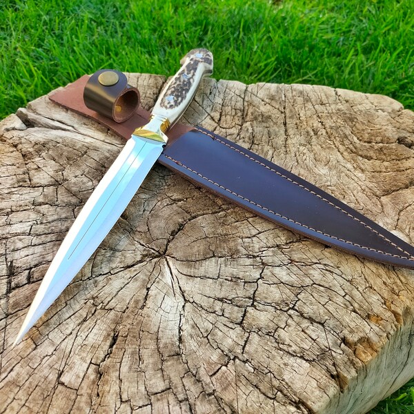 DEER ANTLER KNIFE, Hunting Knife, Personalized gift with leather sheath, Double Edge Dagger Knife, Best Gift for men, stag handle