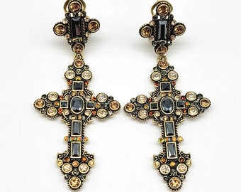 Cross Statement Earrings, Cross Dangle Earrings, Large Cross Earrings, Long Cross Earrings, Brown Cross Earrings, Gold Cross, Heidi Daus