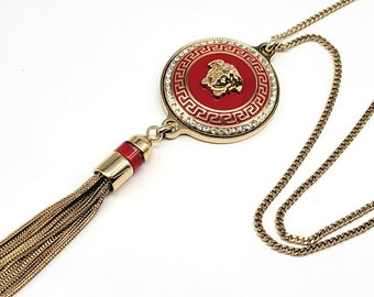 GIANNI VERSACE VANITAS Necklace Vintage 1990s Medusa Tassel Necklace Red Enamel Swarovski Crystal Gold Fringe Runway Jewelry