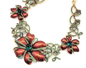 Oscar de la Renta Floral Statement Necklace | Swarovski Crystal Vine Necklace | Designer Signed Enamel Flower Necklace | Couture Jewelry