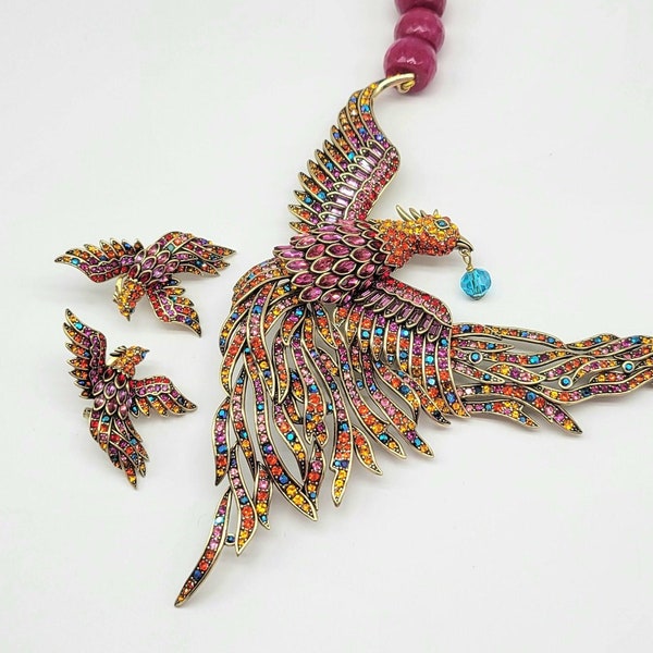 Phoenix Necklace for Women, Gold Phoenix Earrings, Phoenix Rising from the Ashes, Phoenix Pendant, Bird Statement Necklace, Heidi Daus Bird