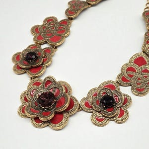 Oscar de la Renta Necklace, Red Statement Necklace, Red Flower Necklace, Enamel Flower Necklace, Brass Necklaces, Designer Necklace, Luxury