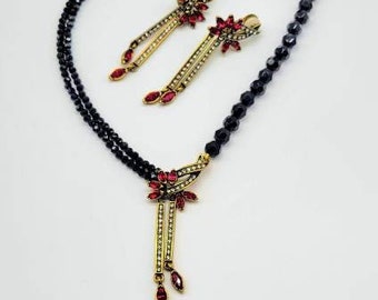 Art Deco Jewelry Set, Garnet Flower Necklace, Garnet Flower Earrings, Art Deco Garnet Earrings, Art Deco Crystal Necklace, Heidi Daus Set