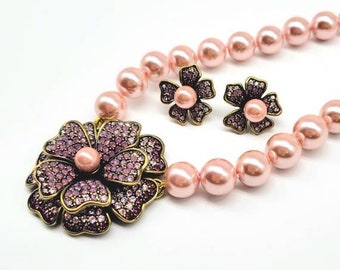 Oscar de la Renta Pink Pearl Crystal Flower Necklace & Earrings Set, Vintage Statement Jewelry, Designer Floral Jewelry