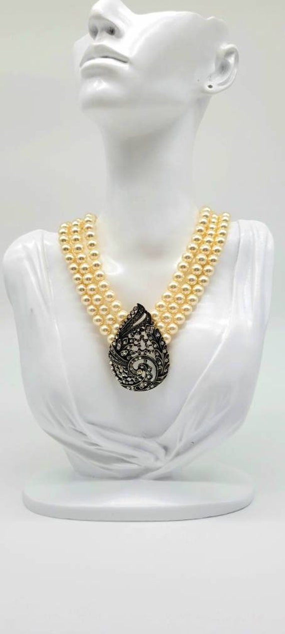 Multi Strand Pearl Necklace with Brooch, Pearl Nec