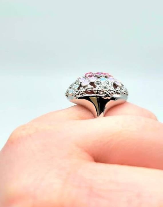 Diamond Dome Ring, Dome Ring Silver, Pink Crystal… - image 3
