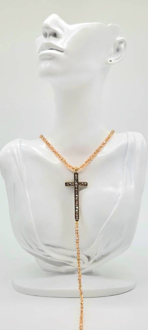 Rhinestone Cross Necklace, Cross Lariat Necklace, 