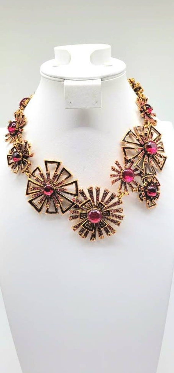 Gold and Red Statement Necklace, Vintage Couture … - image 4