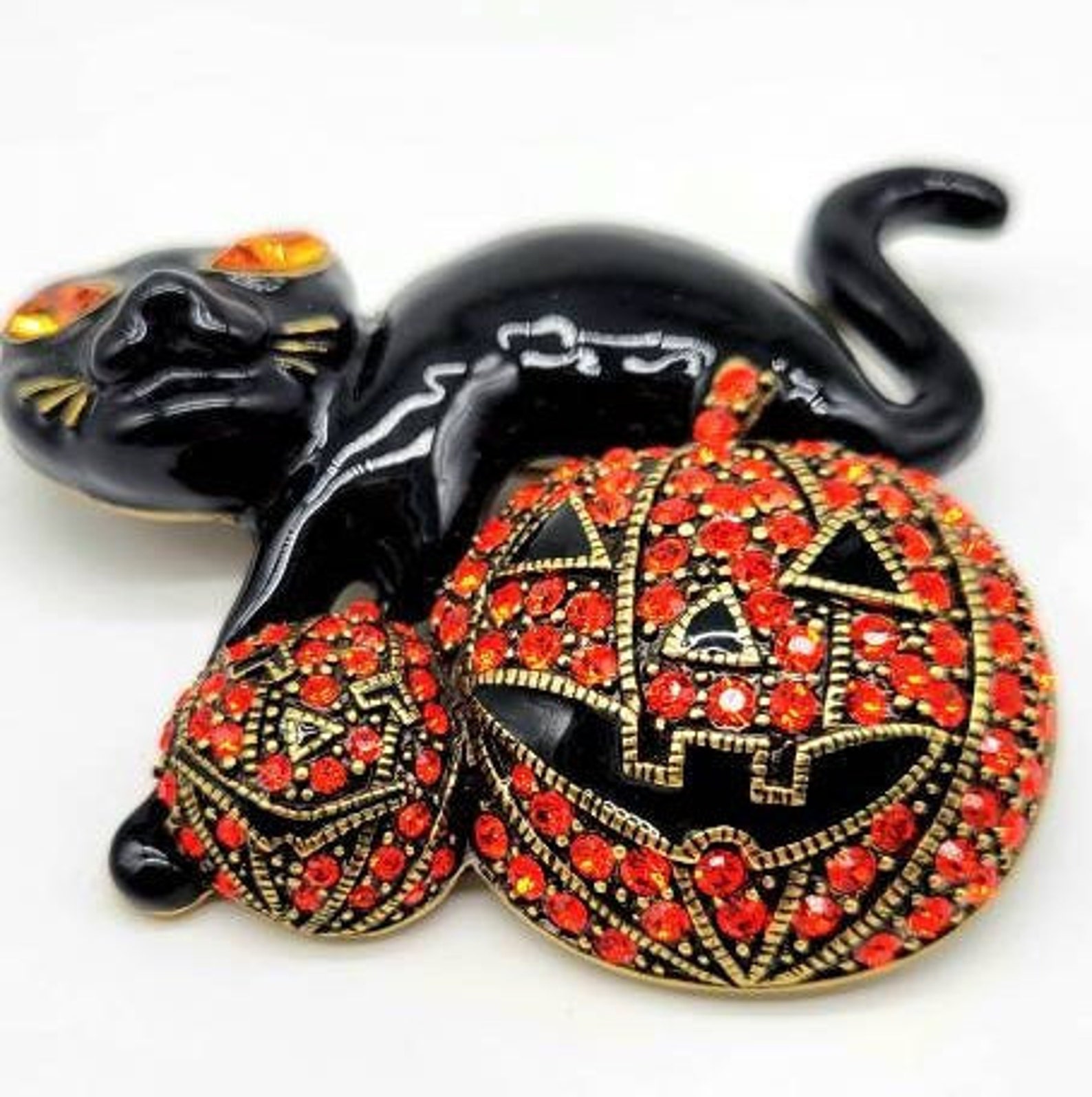 Heidi Daus Black Cat Pumpkin Brooch Swarovski Crystal Halloween Pin ...