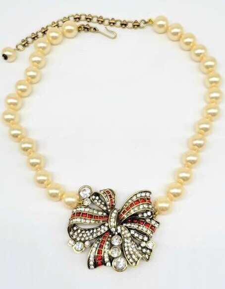 Pearl Necklace With Bow, Rhinestone Bow Pendant Necklace, Pearl Bow ...