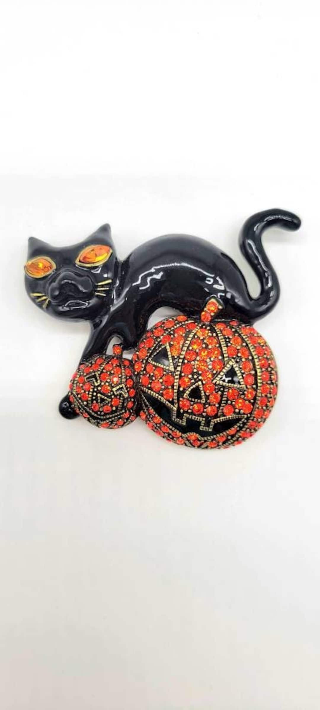 Heidi Daus Black Cat Pumpkin Brooch Swarovski Crystal Halloween Pin ...