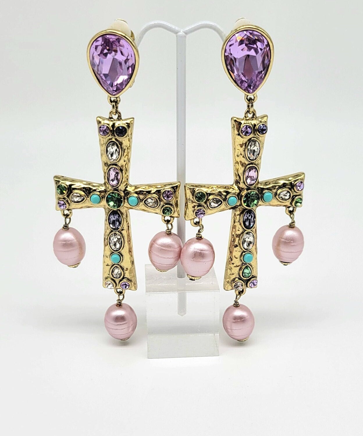 Pearl Cross Earrings, Long Cross Earrings, Clip on Cross Earrings