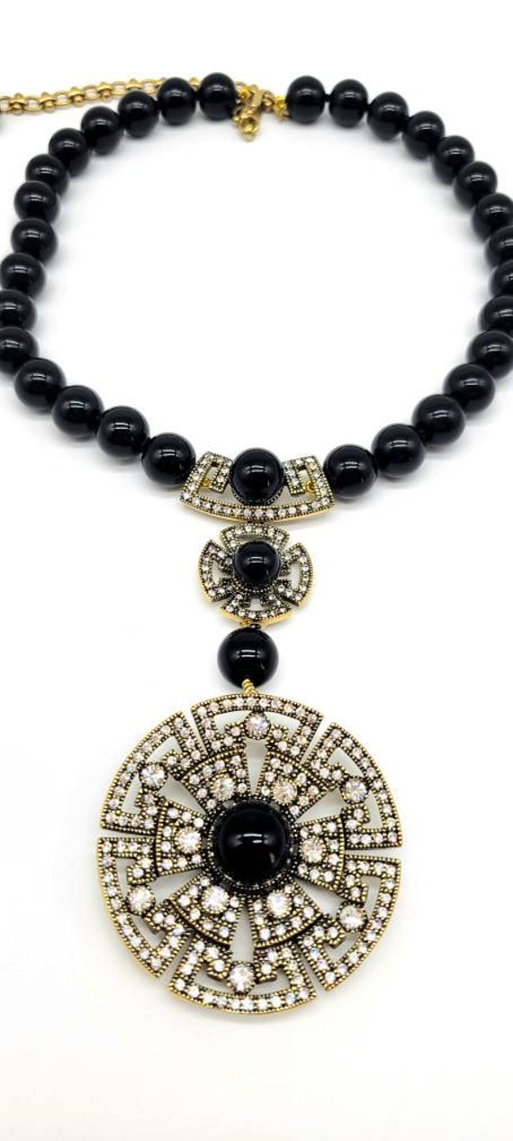 Black Glass Bead Necklace, Onyx Beaded Necklace, … - image 3