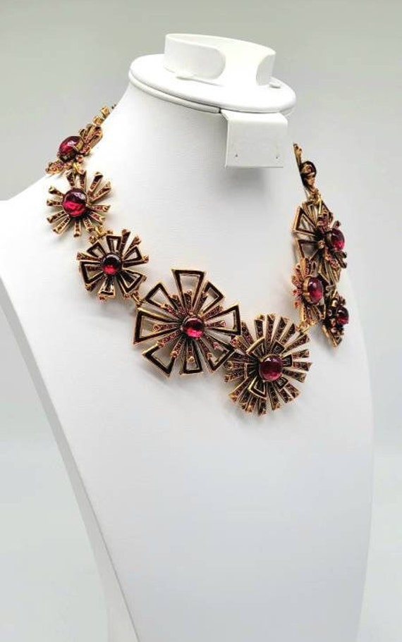 Gold and Red Statement Necklace, Vintage Couture … - image 5