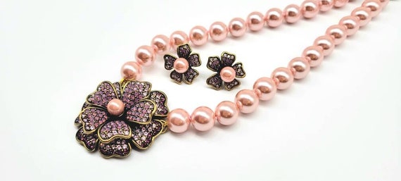 Pearl Crystal Jewelry Set, Pink Pearl Jewelry Set, Heidi Daus Pearl Jewelry Set, Swarovski Flower Jewelry Set, Vintage Flower Jewelry Set
