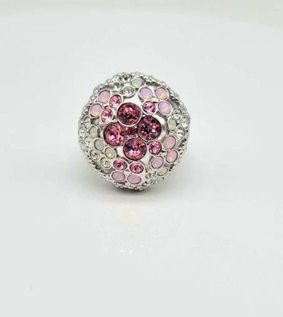 Diamond Dome Ring, Dome Ring Silver, Pink Crystal 