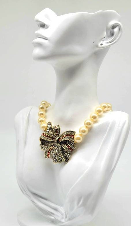 Pearl Necklace With Bow, Rhinestone Bow Pendant Necklace, Pearl Bow ...