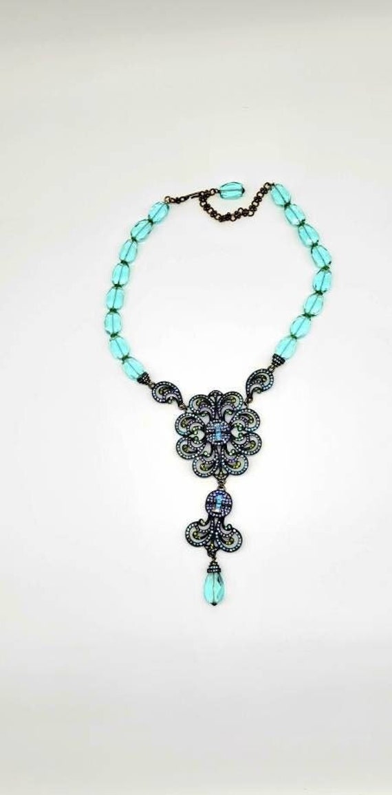 Aquamarine Crystal Necklace, Long Flower Necklace… - image 1