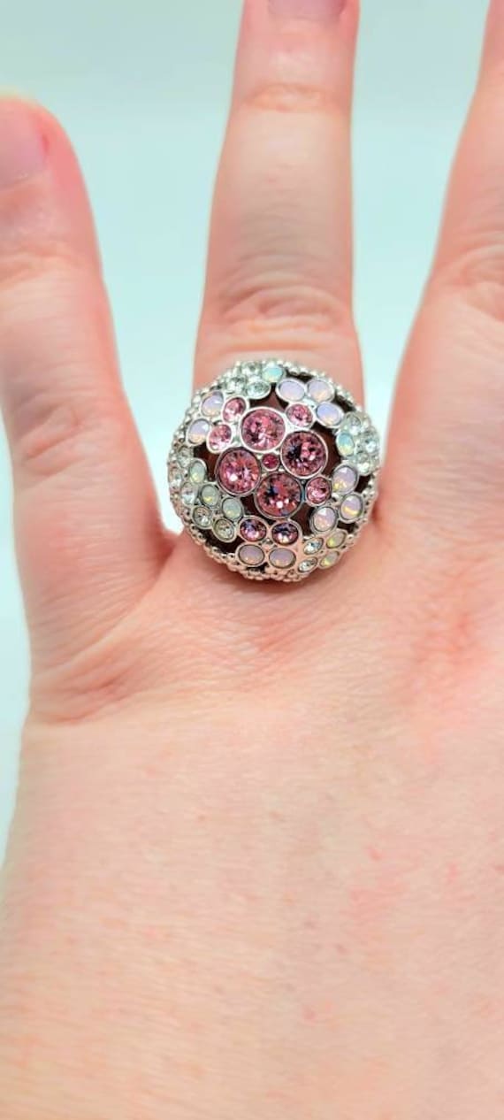 Diamond Dome Ring, Dome Ring Silver, Pink Crystal… - image 2