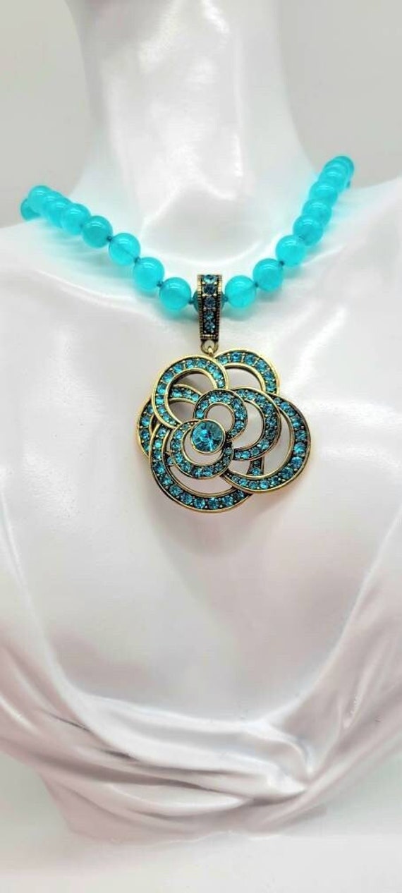 Blue Rose Necklace, Rose Pendant Necklace, Crystal