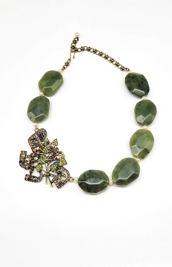 Olive Green Statement Necklace, Jadeite Necklace, 