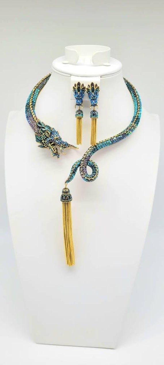 RunwayReadyJewelry Dragon Statement Necklace Dragon Dangle Earrings Blue Dragon Necklace Crystal Dragon Necklace Dragon Collar Necklace Heidi Daus Dragon