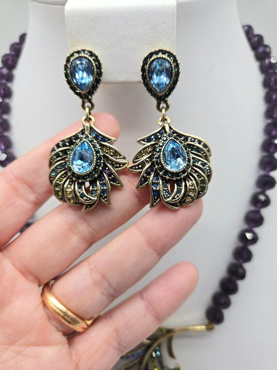 Peacock Feather Jewelry, Crystal Feather Earrings with Necklace to Match, Heidi Daus Set, Feather Necklace for Women, Long Feather Earrings View 6